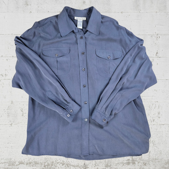 90s Vintage Slate Blue Silk Soft Button Up Classic Relaxed Fit Blouse Size XL - Picture 1 of 6